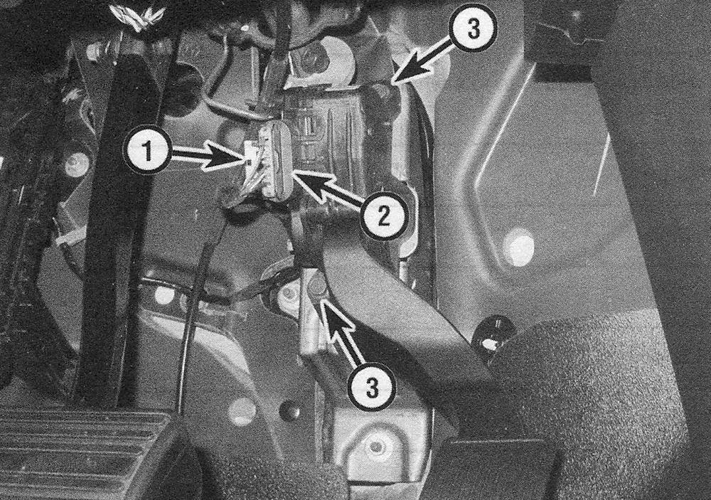 Chevrolet Silverado Emissions and engine control systems _ Pull the connector lock (1) out, then depress the release tab and disconnect the electrical connector (2). To detach the APP sensor/pedal assembly, remove the mounting bolts (3)